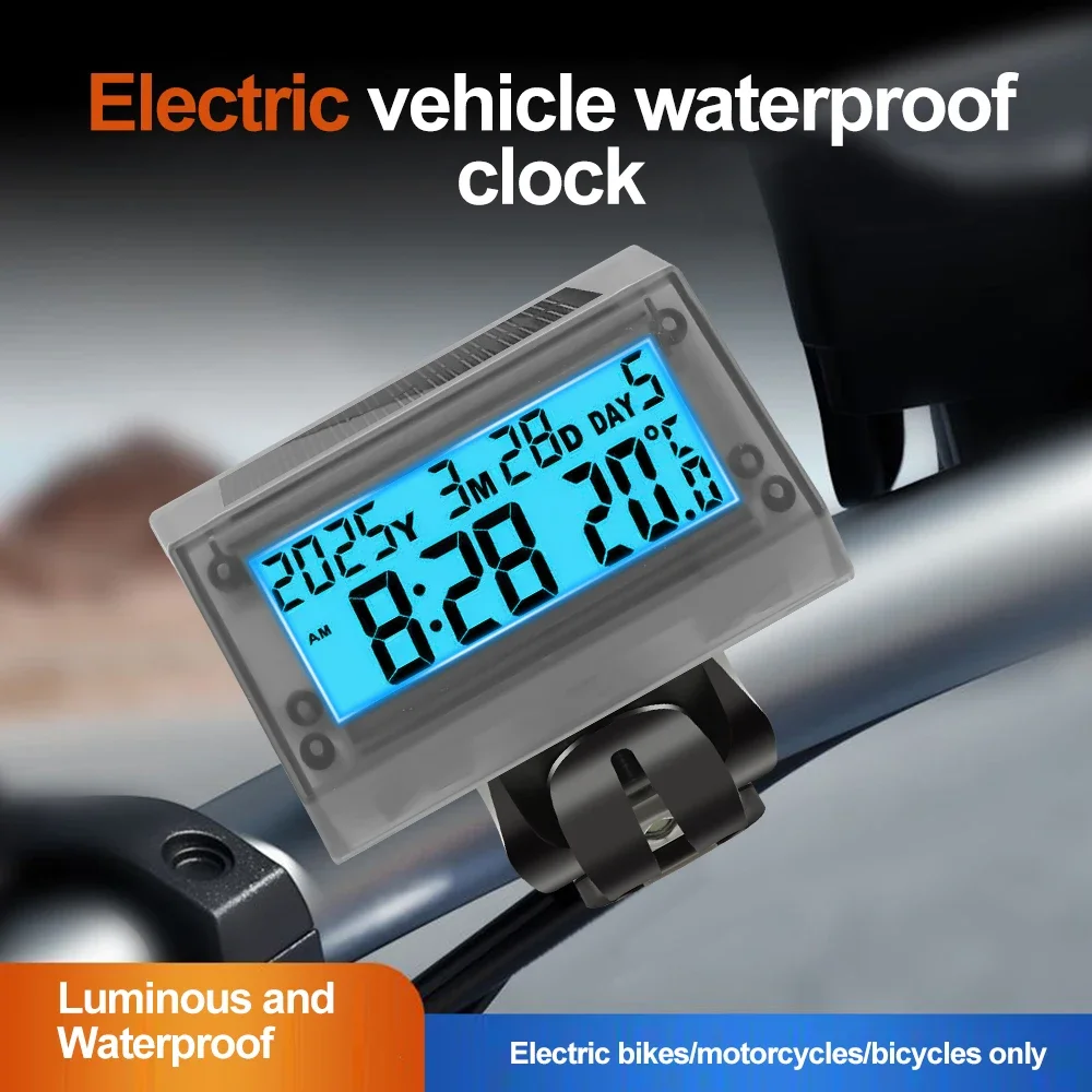 Solar Motorcycle Digital Clock Date Week Temperature LCD Backlit Display Waterproof Thermometer Equipped with Motorcycle Stand