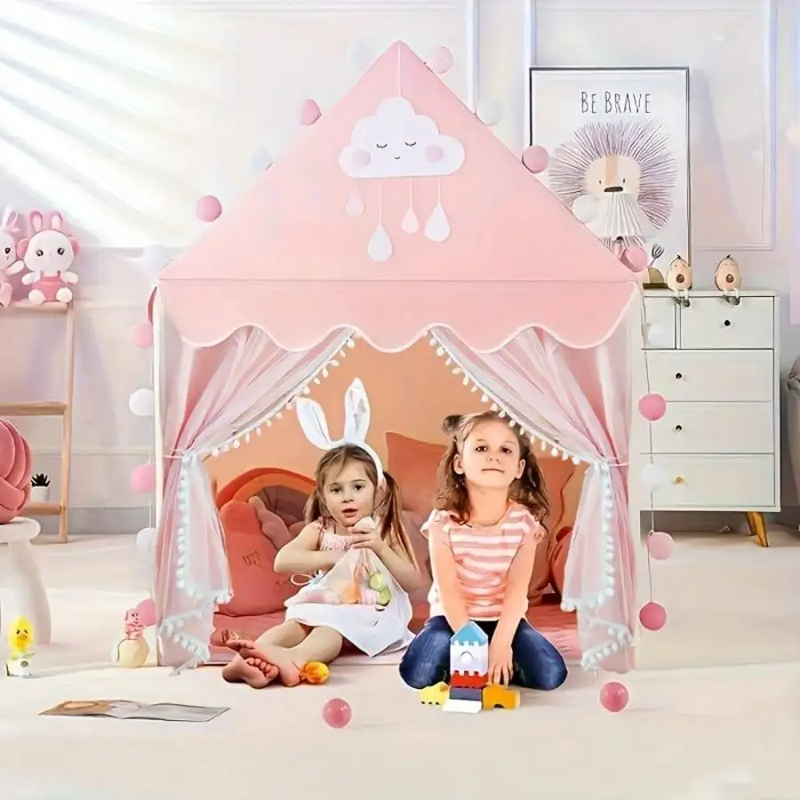 rge Pink Castle Play Tent for Boys Girls, Sturdy Alloy Frame Heavy Duty Foldable Kids Playhouse, Indoor Outdoor Secret Hideout, Role Play House, Birthday Party Decor, Children Play Toy, No Lights Included - view 3