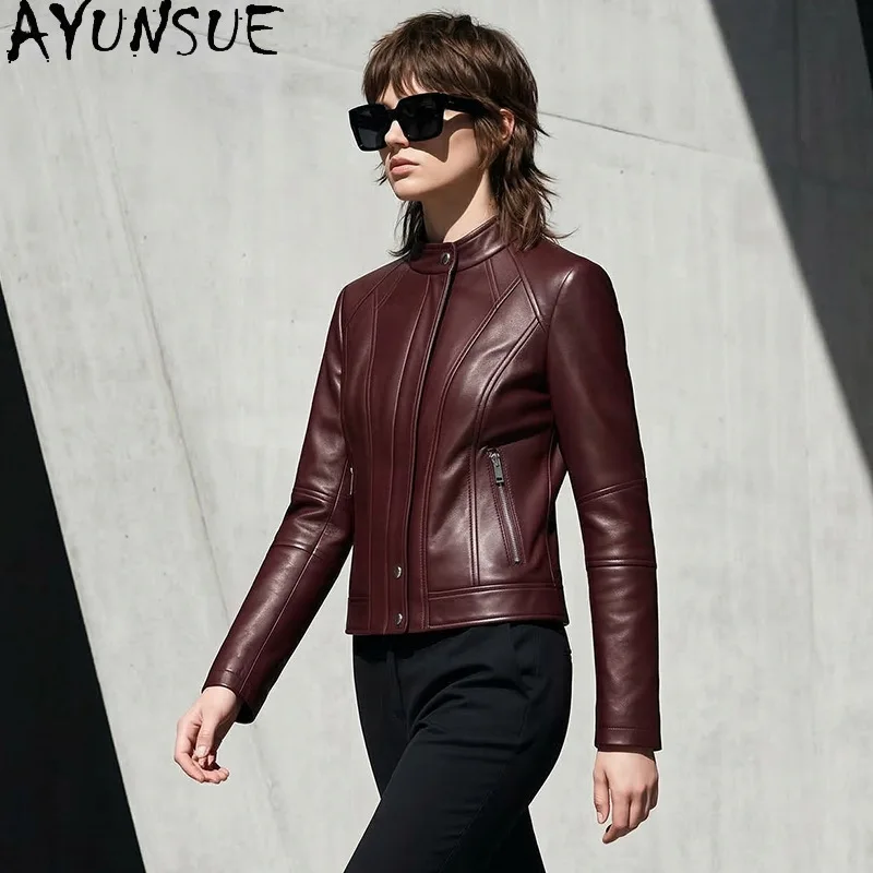 

AYUNSUE Women's Sheepskin Jackets Short Fitted Real Leather Jacket Woman Motorcycle Style Long Sleeve Tops Woman Clothes Jaqueta