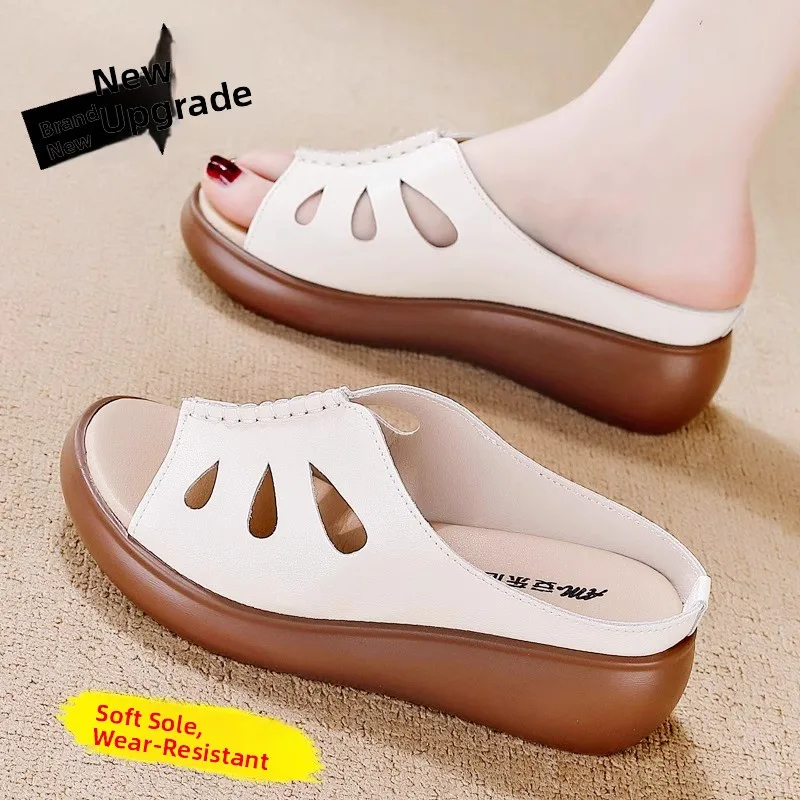 Full Cowhide Women's Slippers Summer Outdoor Wear 2024 New Versatile Mid-Aged Mom Anti-Slip Soft Bottom Sandals Women