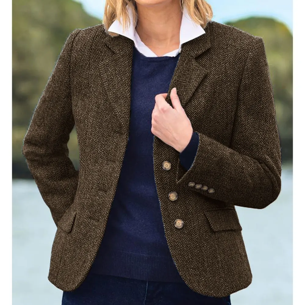 Notched Lapel Women\'s Blazers Herringbone Tweed Single Breasted Suit Jacket Casual Blazers Female 2023 New in Outfit Coat