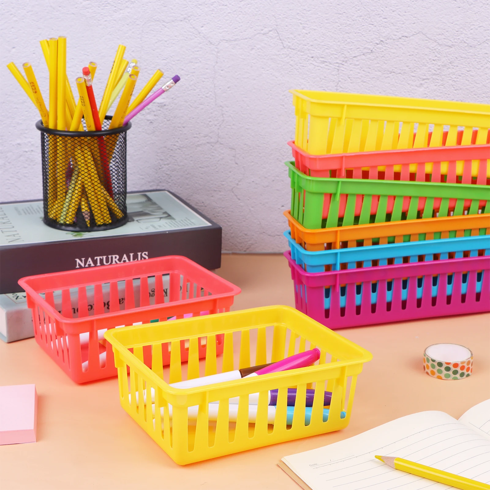 ULELE 10 Pcs Stationery Storage Baskets,Classroom Pen Basket Pencil Organiser Basket Trays Coloured Pencil Basket Plastic Pencil