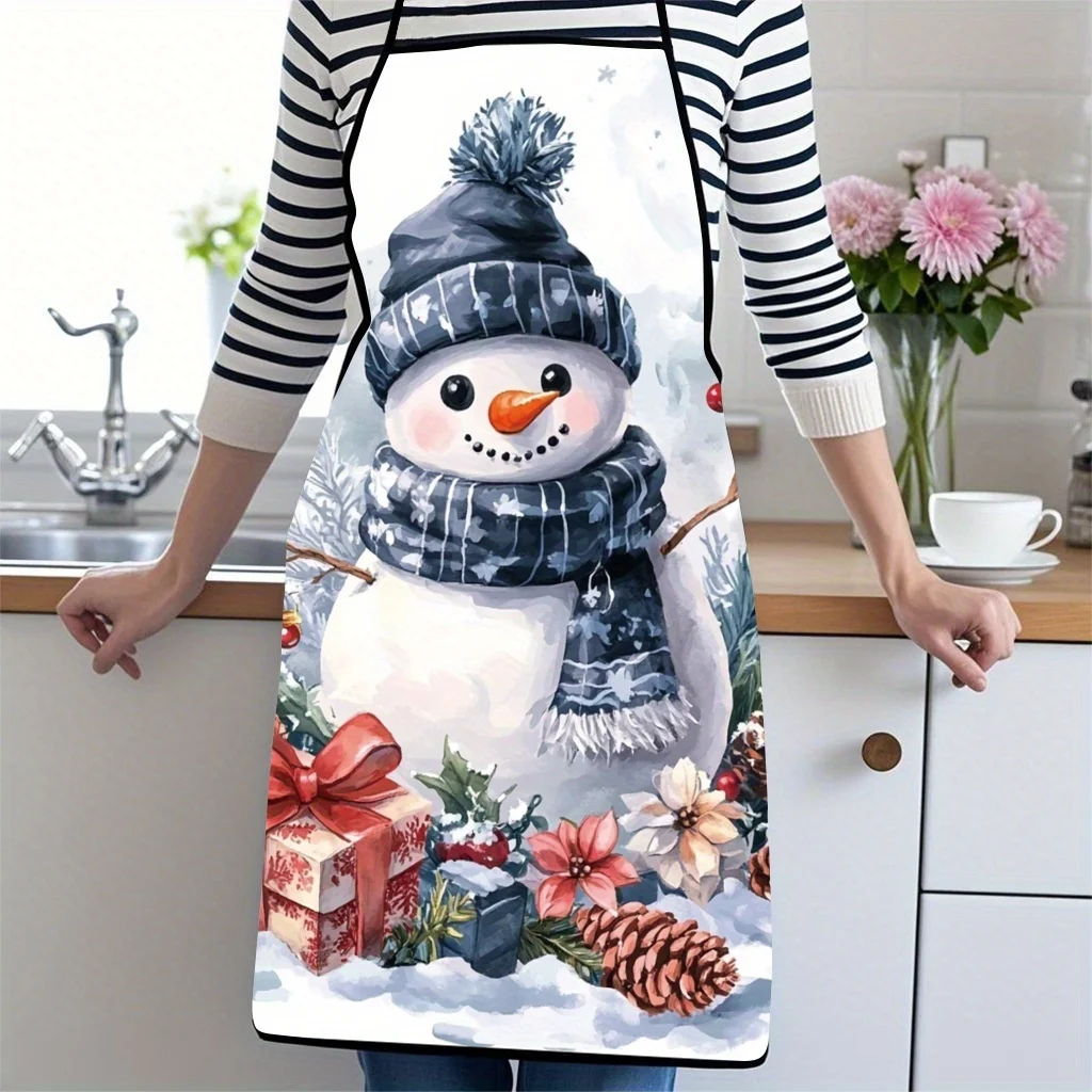 1pc Christmas Apron With Snowman And Snowflake Design - Cozy Winter Kitchen Apron Featuring Snowmen, Snowflakes, Pinecones, And