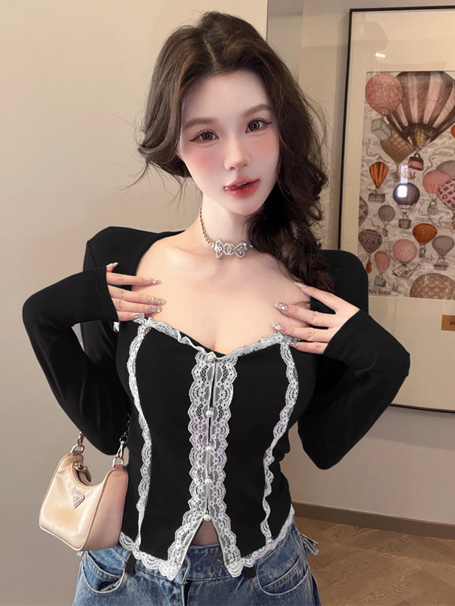 Sexy Lace Trim Splice Short Sleeveless Women's Top Pearl Button Pure Desire Fashionable Long Sleeve Short Style Versatile Top