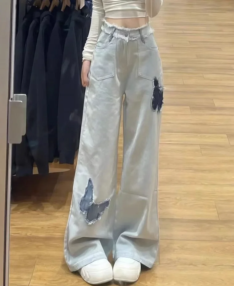 Washed Jeans Women Fashion Do Old Wide Leg Pants Appliques Bufferfly Design Personality Students Spring All-match 2026 w64