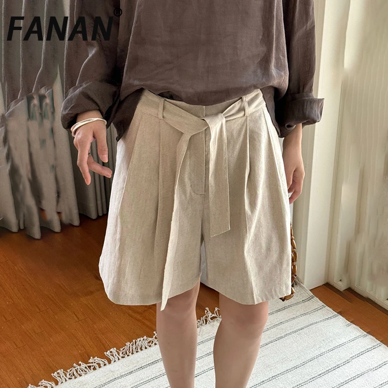 Fanan casual linho protetor solar shorts para mulheres cinto sólido reunido cintura reta roupas soltas moda feminina 2025 verão novo