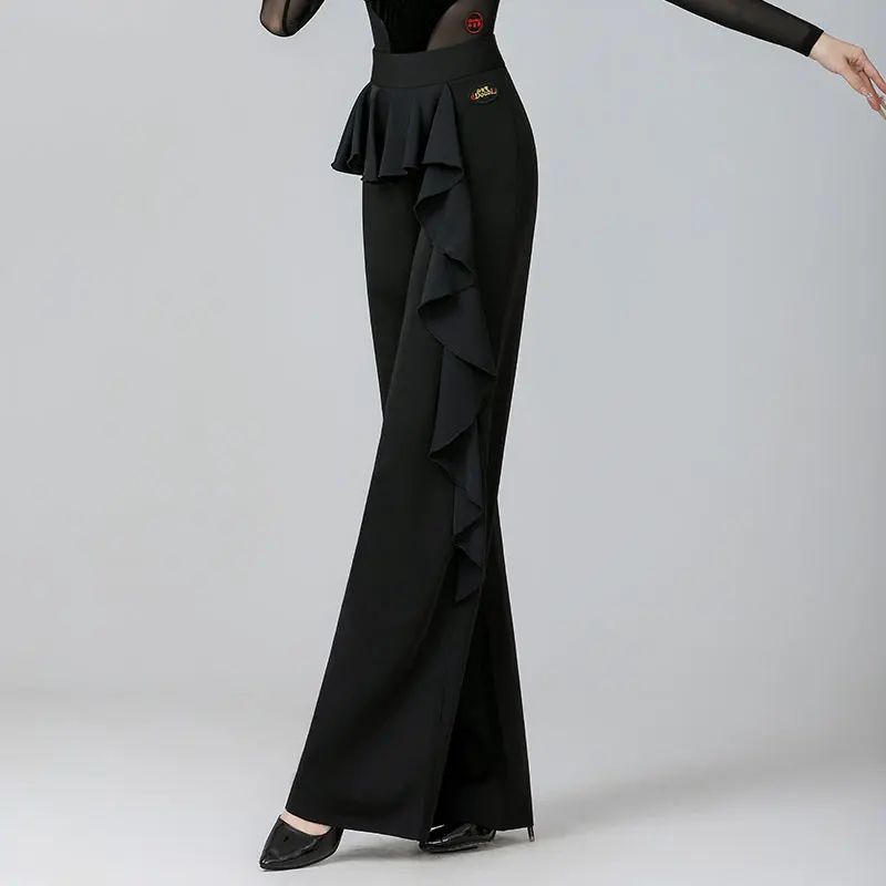 Customized Latin Dance Pants Women High Waist Loose Ballroom Dance Trousers Cha Cha Rumba Samba Practice Clothing Black Pants