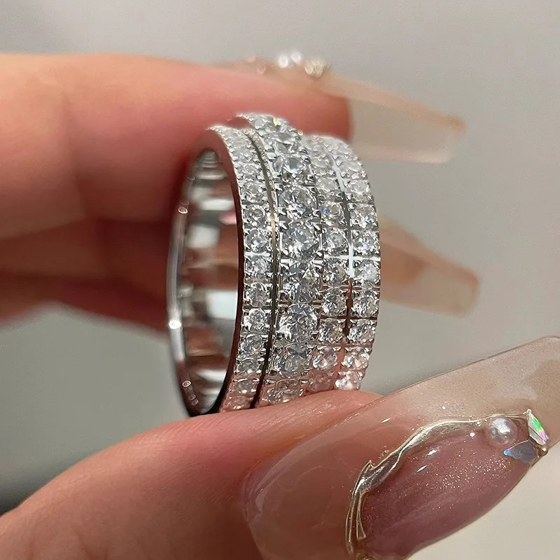 CAOSHI Women Multi Layer Full Paved Zircon Ring Silver Color Stackable Eternity Band Rings Luxury Wedding Party Finger Jewelry