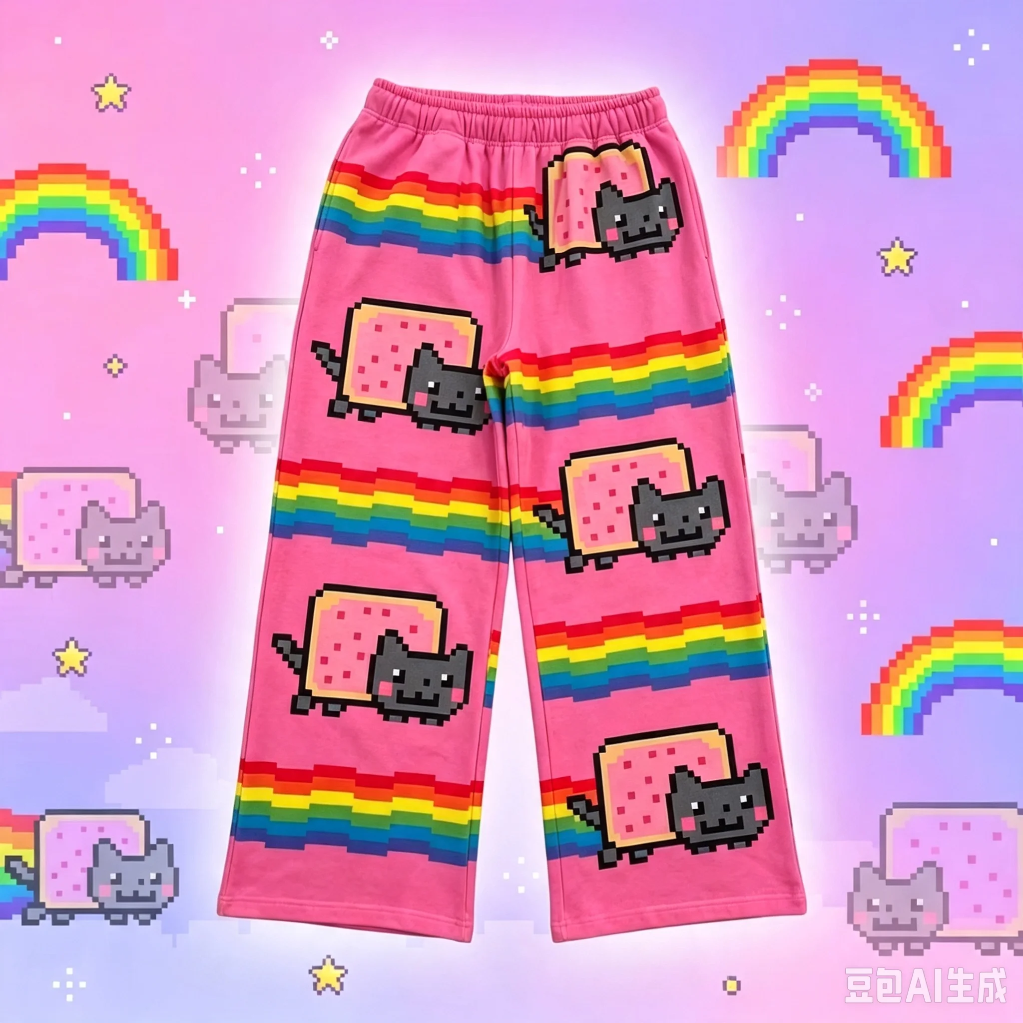 Regenbogen-gestreifte Pixel-Katze, süßer, mädchenhafter, süßer und cooler Subkultur-Harajuku-Stil, Cartoon-Loose-Fit-Hose – Detail 9