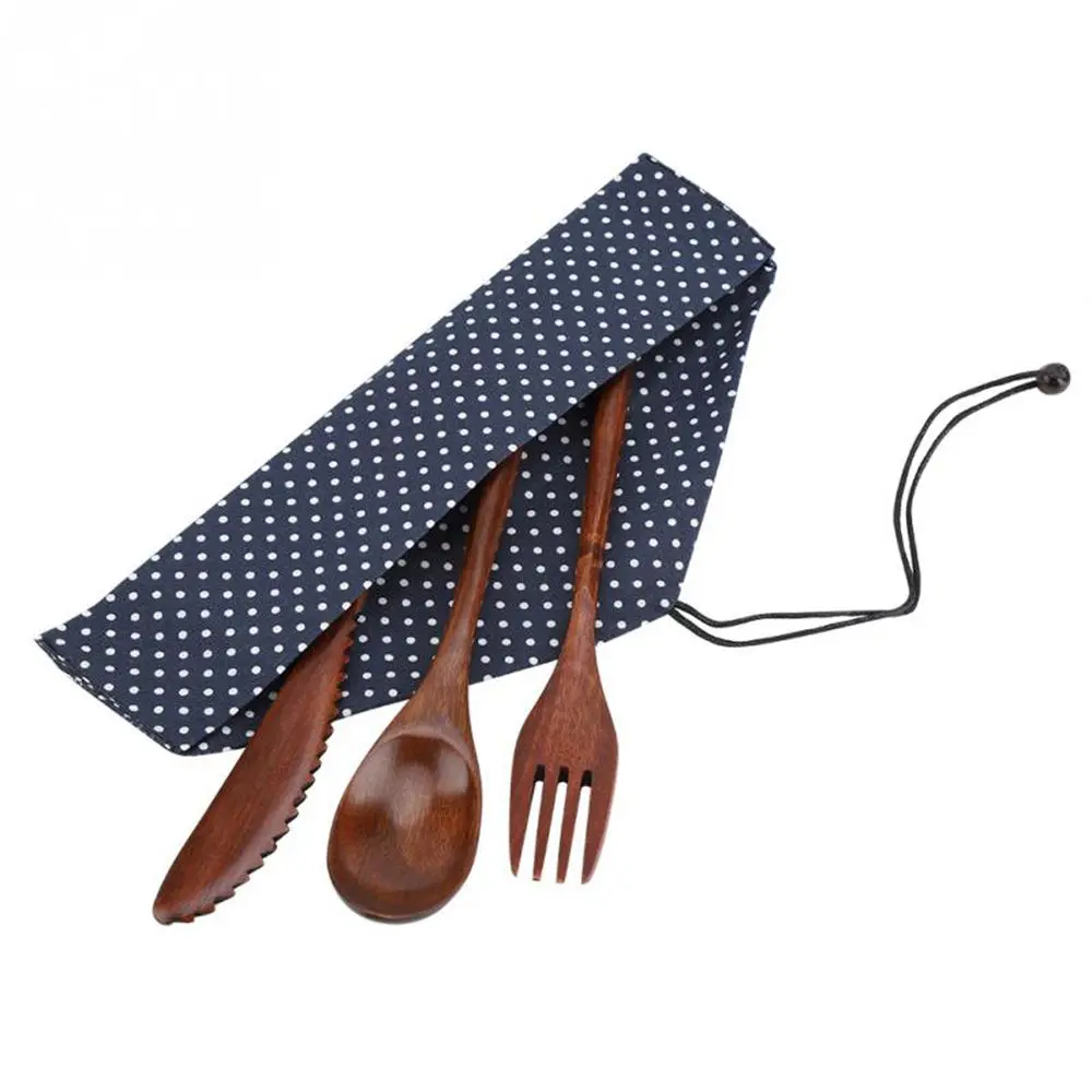 Tableware Cutter Spoon Fork Wooden Cutlery Reusable With Bags Bamboo Flatware