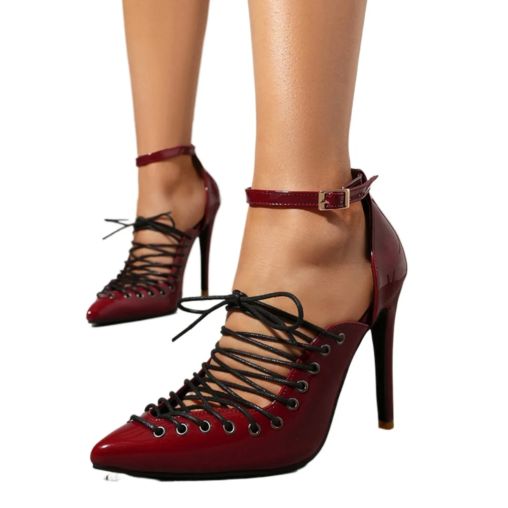 

Women's Lace Up Pointed Toe Stiletto Heels Ankle Strap Patent Leather Pumps Black Red White Plus Size 35-47 92604