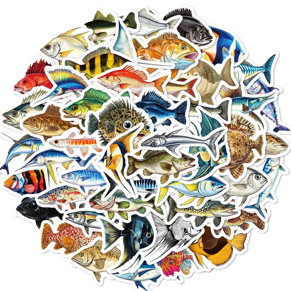 50Pcs Realistic Marine Fish Stickers, Cartoon‑Style Waterproof Decals for Luggage, Fridge, Notebook & DIY Aesthetic Decoration