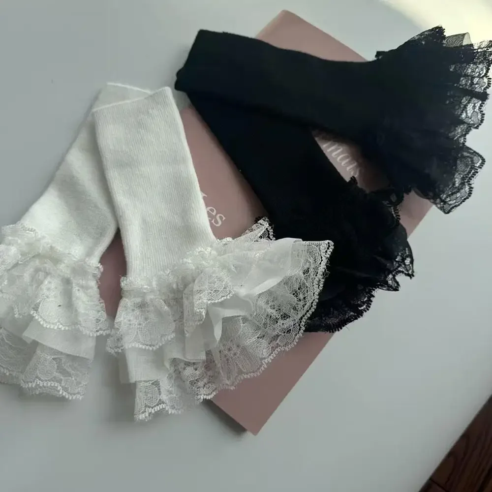 Lace Ruffles Cuff Long Elastic Lolita Knitted Lace Sleeves Arm Covers Wrist Cuffs Winter Sweater Decorative Sleeves