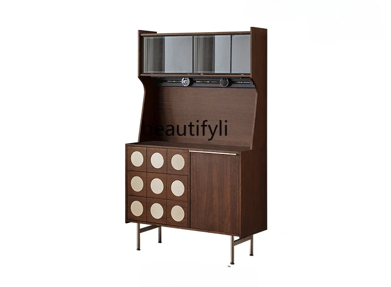 

Black walnut color 1 meter dining side cabinet integrated against the wall retro entrance solid wood tea storage locker