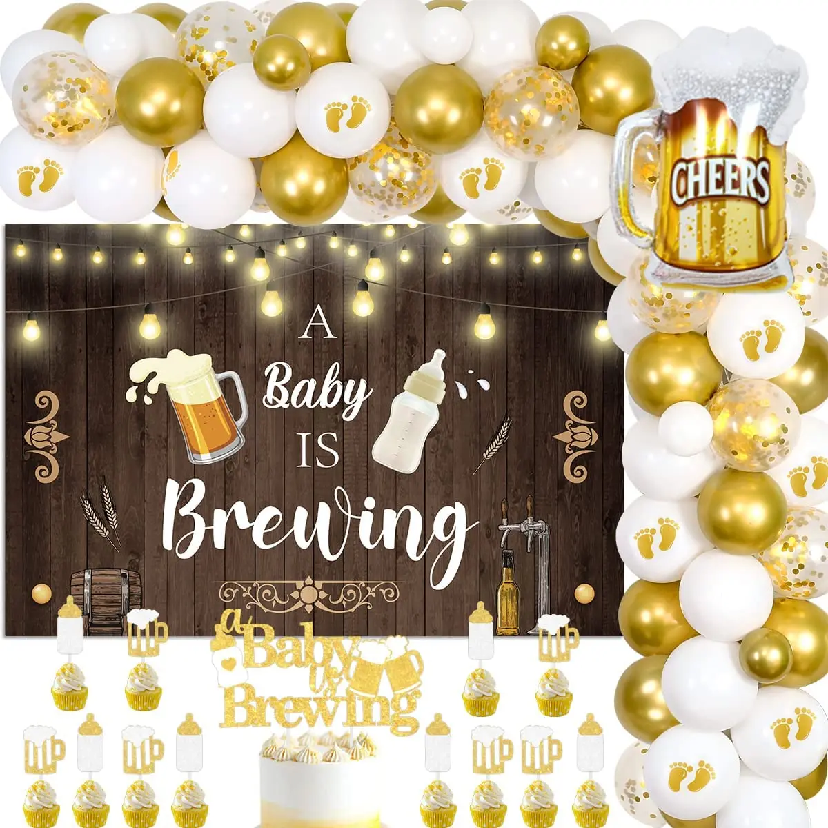 Baby is Brewing Baby Shower Decorations, Beer, White, Gold Balloon, Garland with Backdrop Diaper, Gender Reveal, Pregnancy Suppl