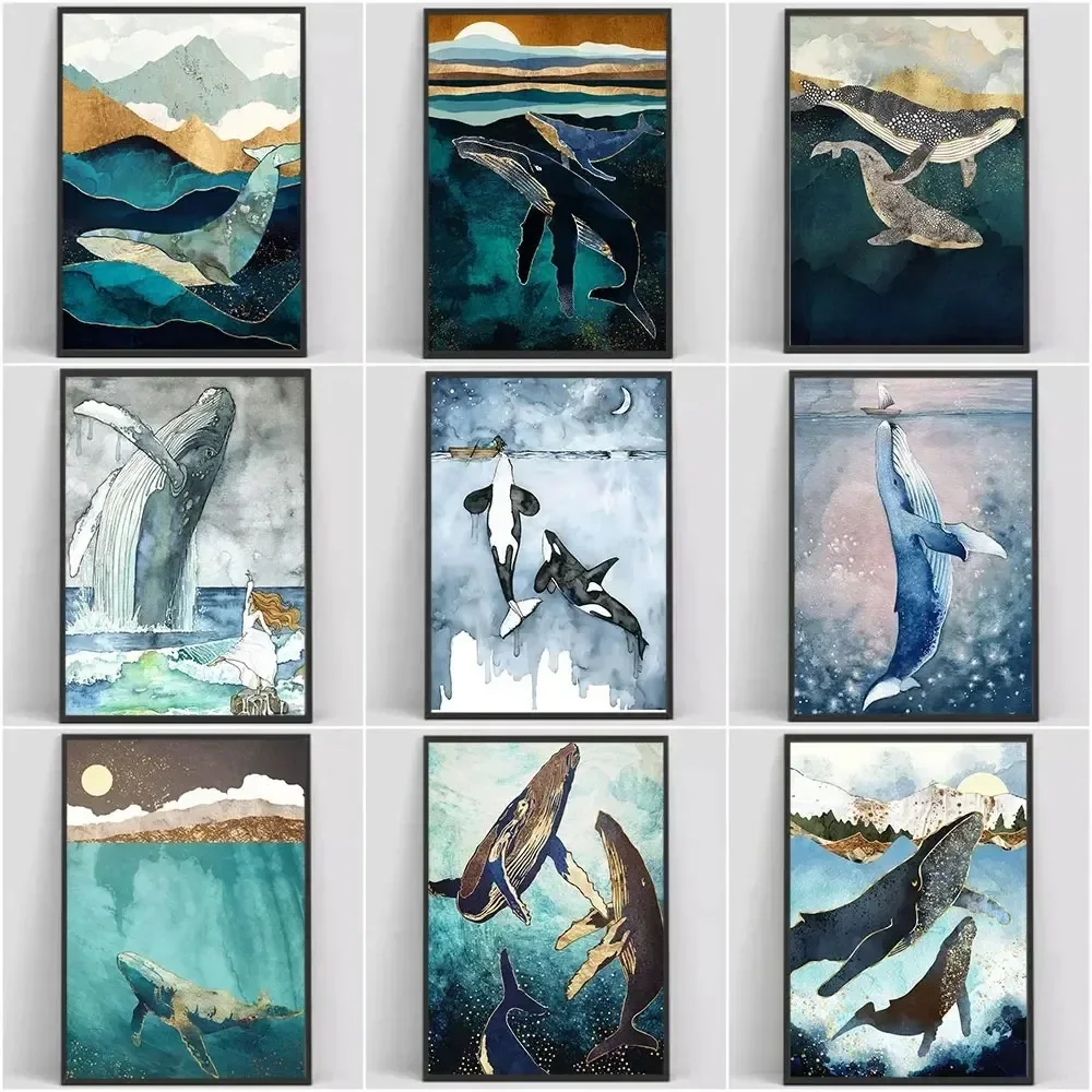 Abstract Posters Big Whale Ship Sea Marine Animal Canvas Pai