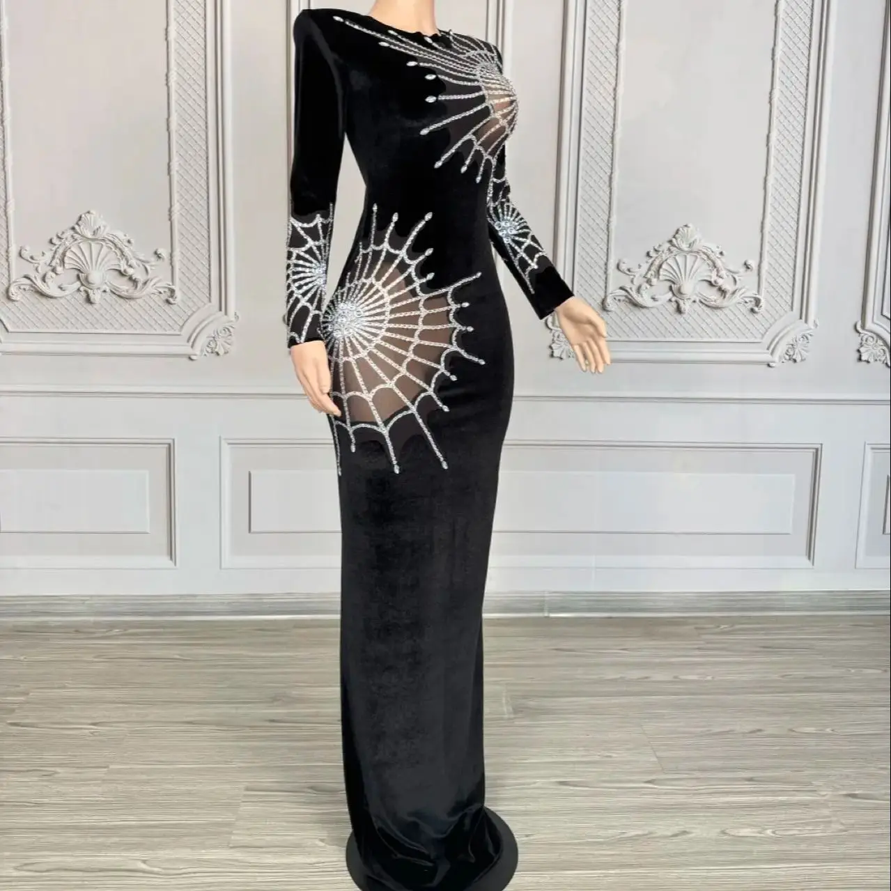 أسود العنكبوت ويب الماس فستان طويل مساء فستان المرأة ملهى ليلي بار Dj أداء المرحلة ازياء سحب الملكة الملابس #2