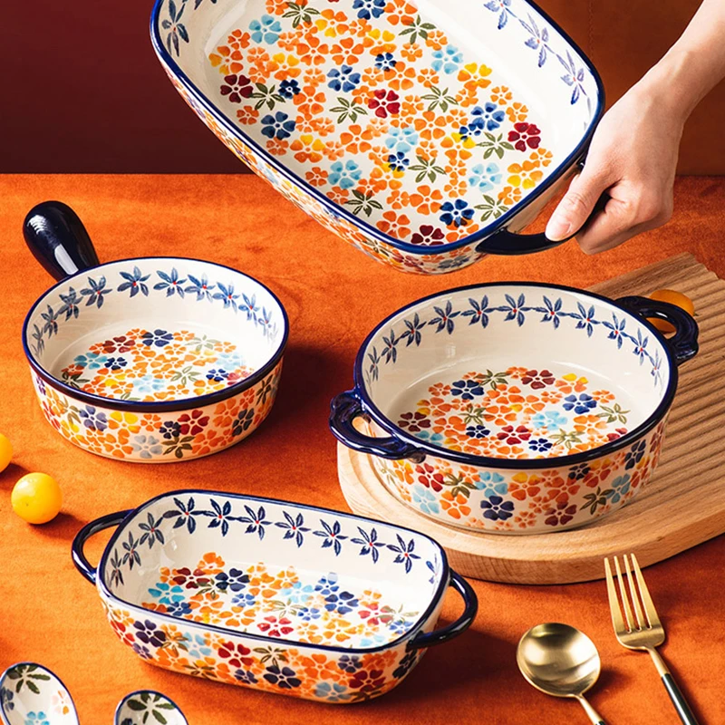 Round Baking Bowls Plates Floral Printed Under Glazed Home Kitchen Oven Bakeware Sets Europe Style Double Ears Noodles Bowl