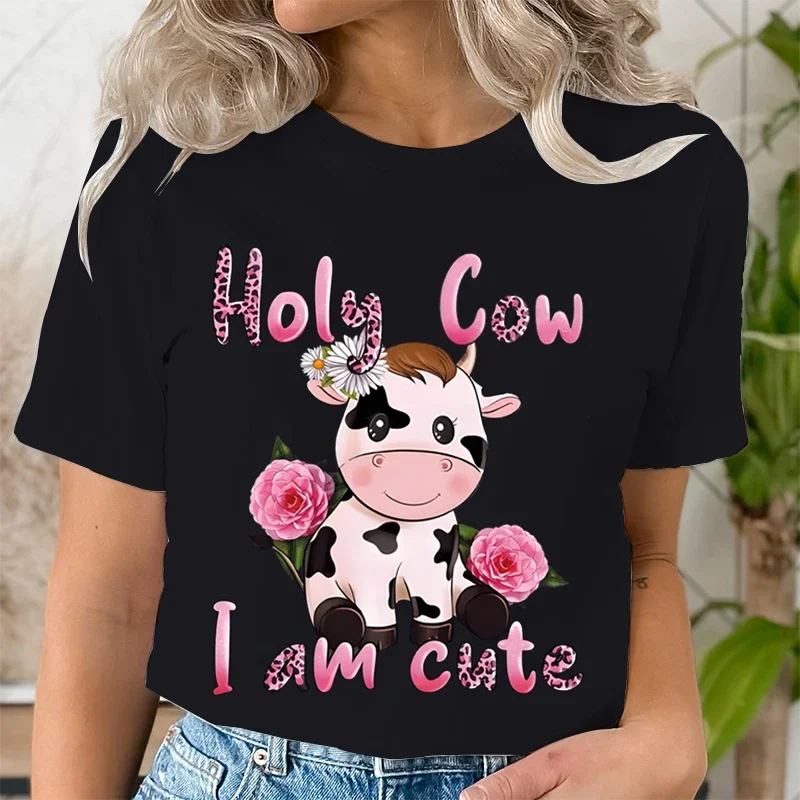 

Cute Cow Printed Woman T-shirts Cute Cow Top Women Round Neck Floral Cute Animal Lovers Summer Short Sleeve Tee