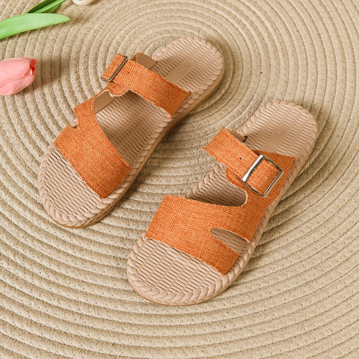 Women Buckle Strap Slide Sandals Open Toe Espadrille Flat Sole Adjustable Strap Summer Beach Casual Slippers Large Size