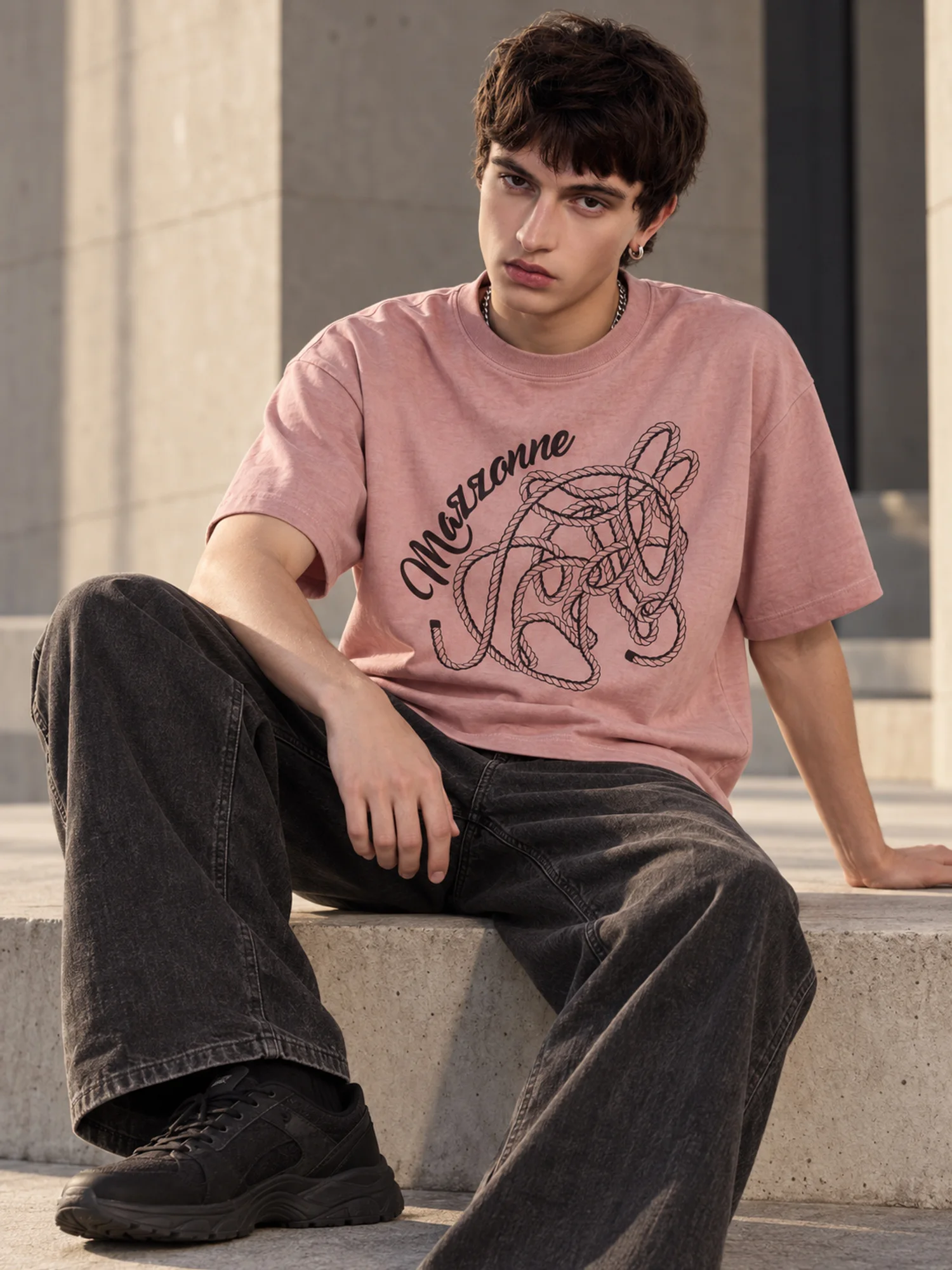 MAZZONNE Men's Washed Rope and Letter Graphic T-Shirt, Cotton Blend Short Sleeve Crew Neck Streetwear Tee H