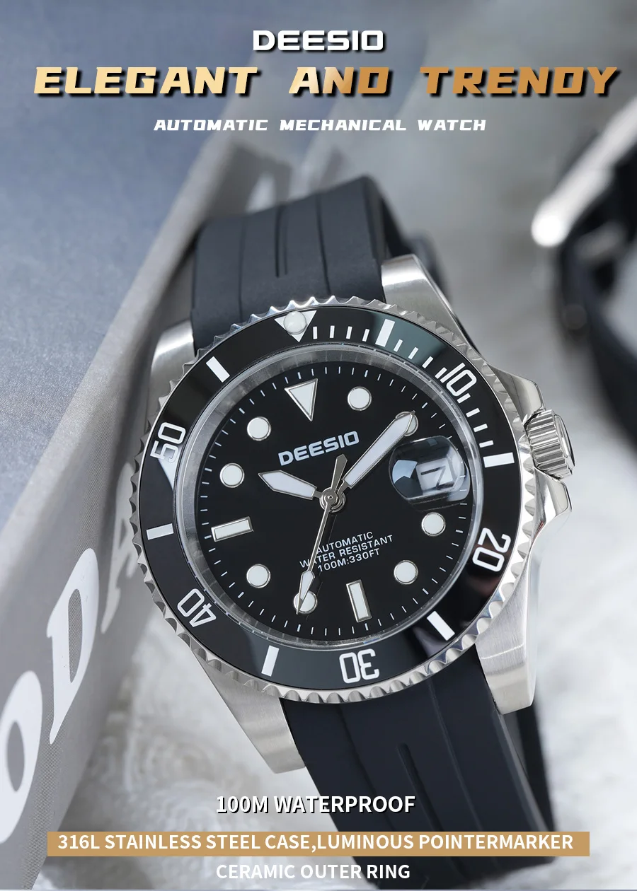 Deesio Luxury Men's Full Automatic Mechanical Watch, 316L Stainless Steel Case, Silicone Strap, Date Display, Luminous Hands, Upgrade 100M Waterproof, High-Mineral Glass, Sport Sweatproof, Self-Wind & Manual Wind, Black Classic Business Casual Design