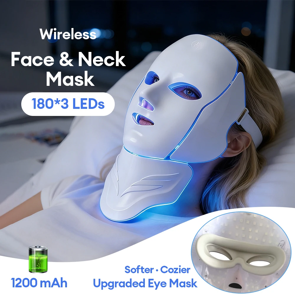 Masque de beauté pour le visage et le cou à 7 couleurs, masque LED sans fil pour le visage, réparation des rides, rajeunissement de la peau, resserrement de la peau, soin de la peau