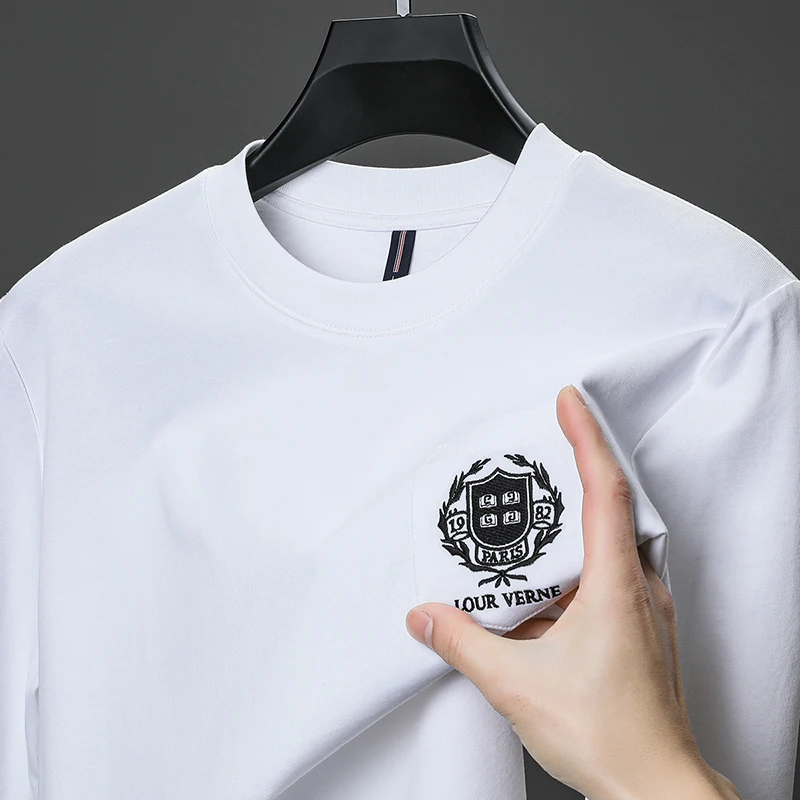 

100% Cotton Designer Original Men's Long Sleeve T-Shirt Crew Neck Chest Pocket Badge Soft Breathable Casual Basic Top Men's Wear
