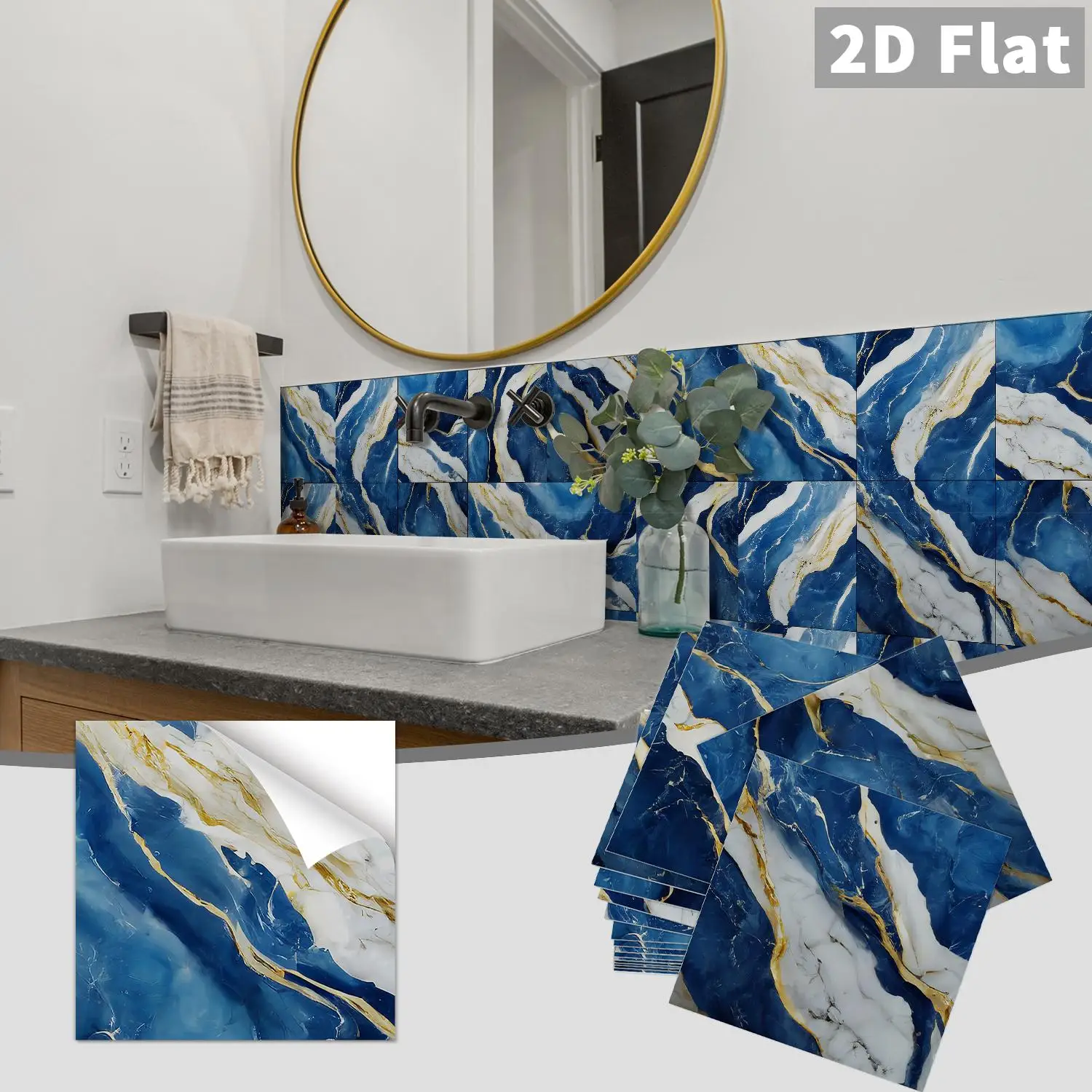 8Pcs Marble Tile Stickers Blue Gold Vein Self Adhesive Scratch Resistant for Kitchen Bathroom Wall Decor