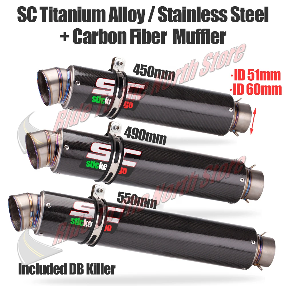 

Length 450mm 490mm 550mm Universal sc Motocycle Exhaust Muffler Slip on Titanium Carbon Fiber Stainless Bike Modify Tail Pipe