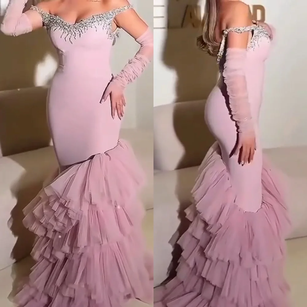 

Customized Sizes Available Jersey Sequined Pleat Trumpet Off-the-shoulder Long Dresses Bespoke Occasion Dresses Sparkle