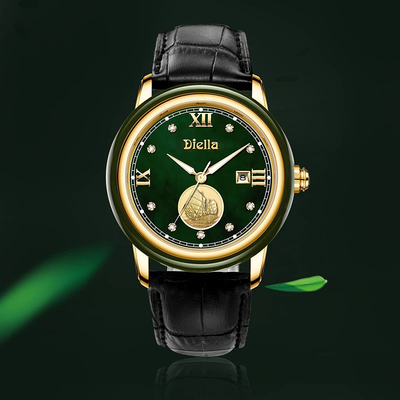 Aivasee Luxury Green Jade Watch for Men with Japanese Miyota Quartz Movement, Leather Strap Mens Analog Waterproof Wrist Watch