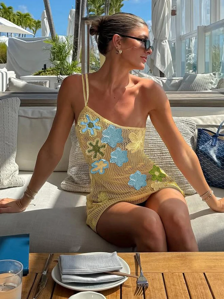 Cutenew Crochet Appliques Women Mini Dress Summer Hot Sweet Incline Shoulder Sleeveless Slim Frock Female Festival Party Vestido