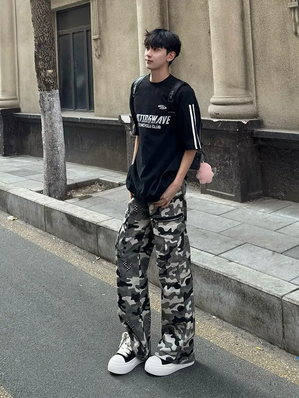 Camouflage Work Pants Men's American Retro Logging Straight Leg High Waist Long Trousers Cleanfit Flared Jeans Polyester Fiber