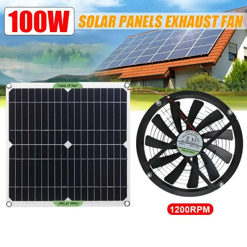 12V 10 Inch Mini Ventilator Solar Exhaust Fan 100W Solar Panel Powered Fan for Dog Chicken House Greenhouse RV Car Fan Charger