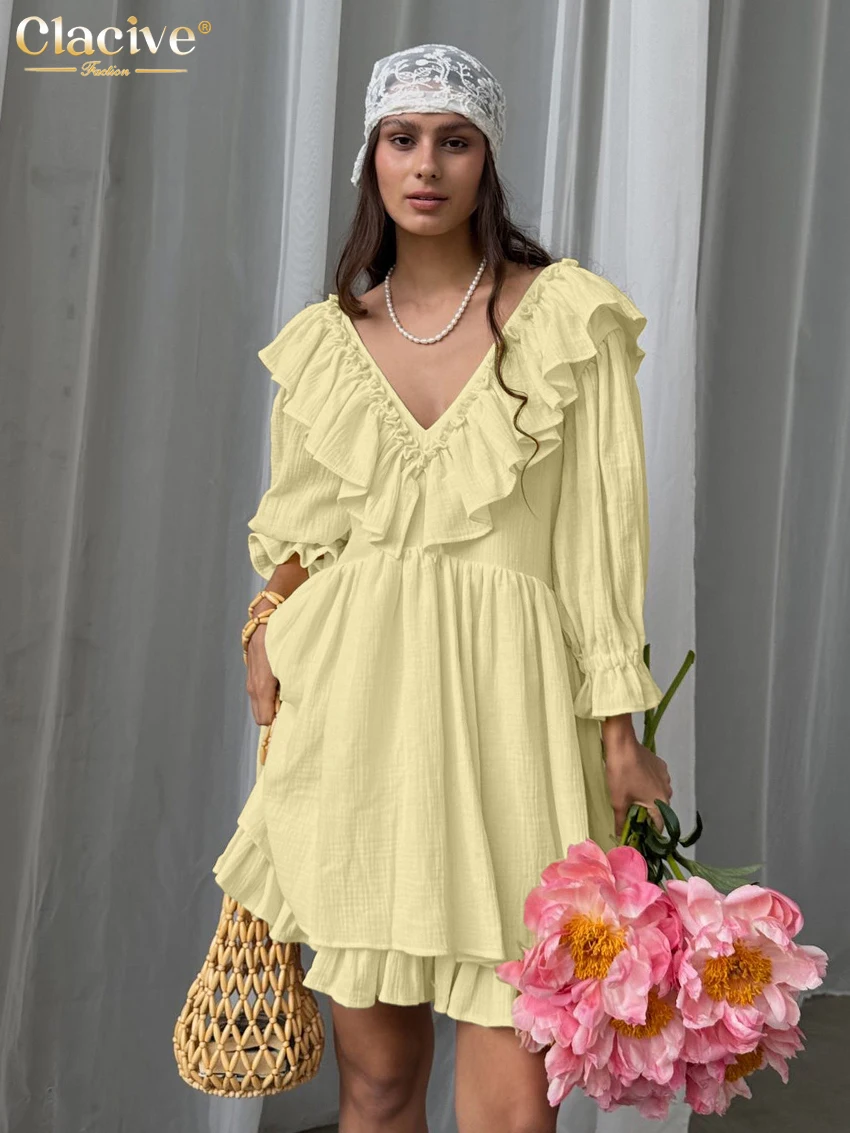 

Clacive Sexy Loose Yellow Cotton Women's Dress 2025 Fashion V-Neck Long Sleeve Mini Dresses Elegant Classic Pleated Female Dress