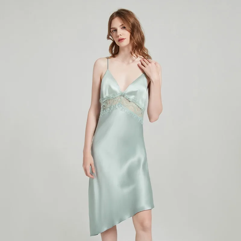 

Сексуальная юбка на подтяжках с открытой спиной, ночная рубашка из 100% тутового шелка, кружево с вышивкой и v-образным вырезом, домашняя одежда для максимального комфорта и стиля