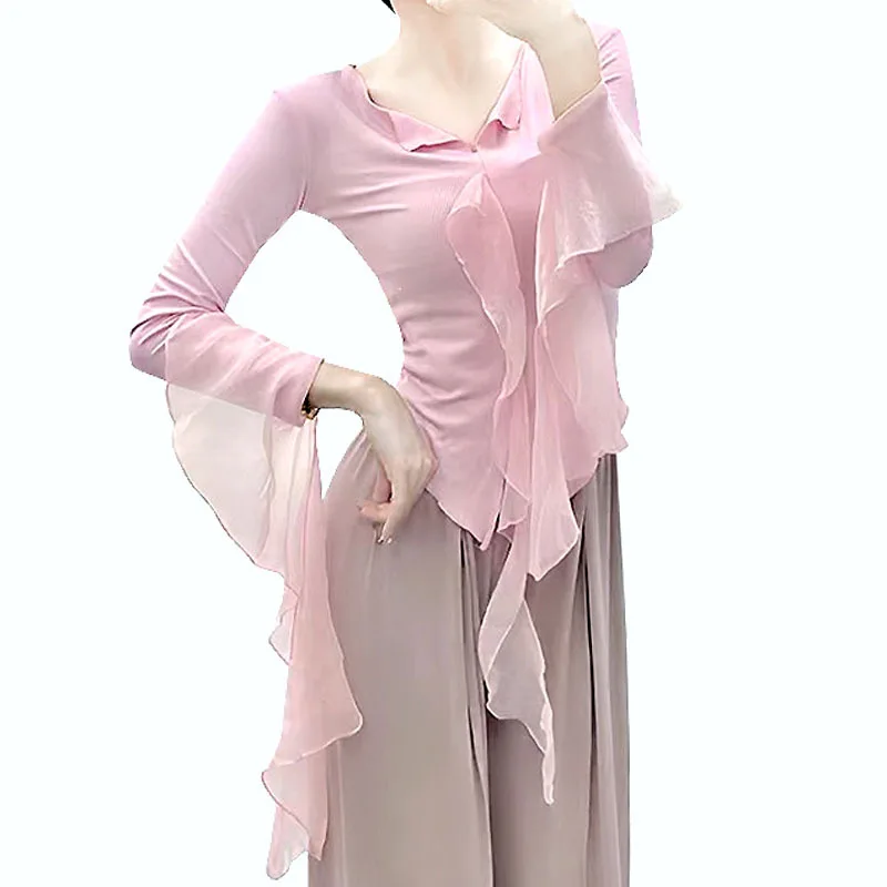 

customized women's adult ballet yoga jazz classical dance costume slim fitting exercise suit ruffled edge body training top