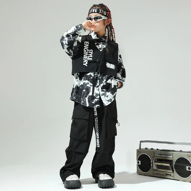 어린이 남아 여아 스트리트웨어 루즈 캐주얼 카고 재킷 바지 세트 트랙수트 무대 의상 어린이 패션 힙합 의류