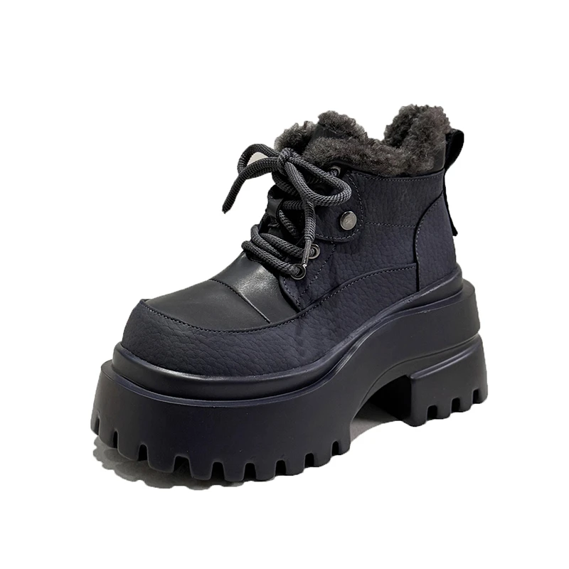 

New 2025 Women Leather Ankle Boots Winter Warm Fur Snow Shoes 9CM Chunky Heels Motorcycle Boots Woman Thick Bottom Short Bootie