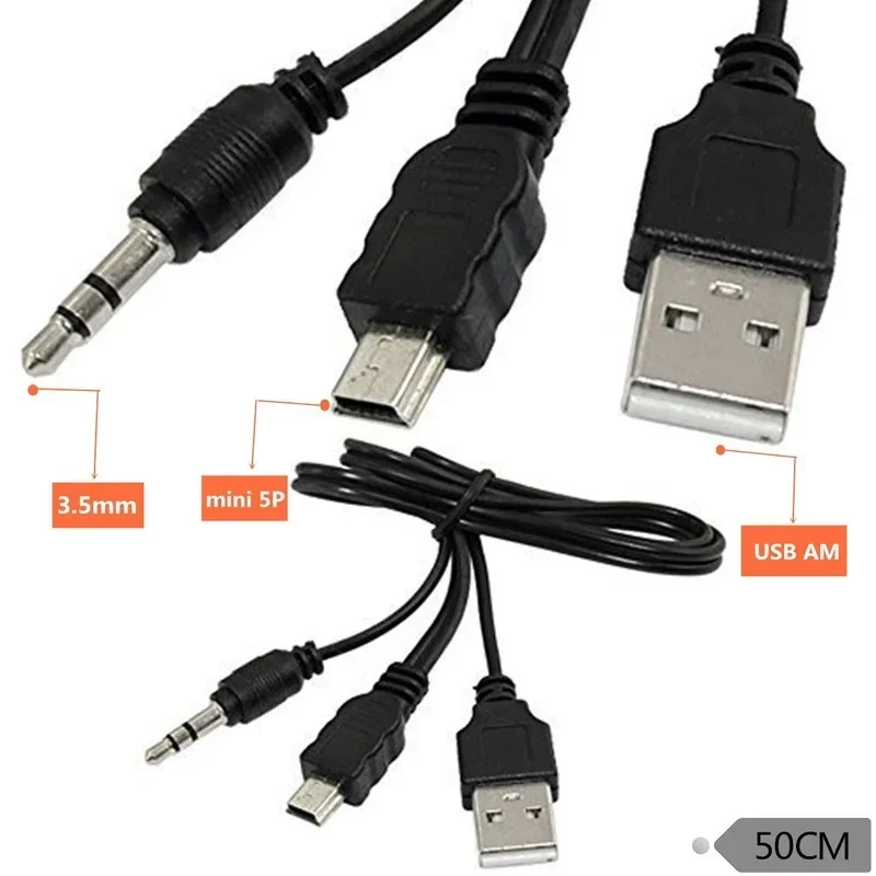 High Quality Black USB2.0 A Male To Mini B Male + 3.5mm Audio AUX 1 To 2 Audio CableAdapter Charger Cable Cord 0.5m 1pcs