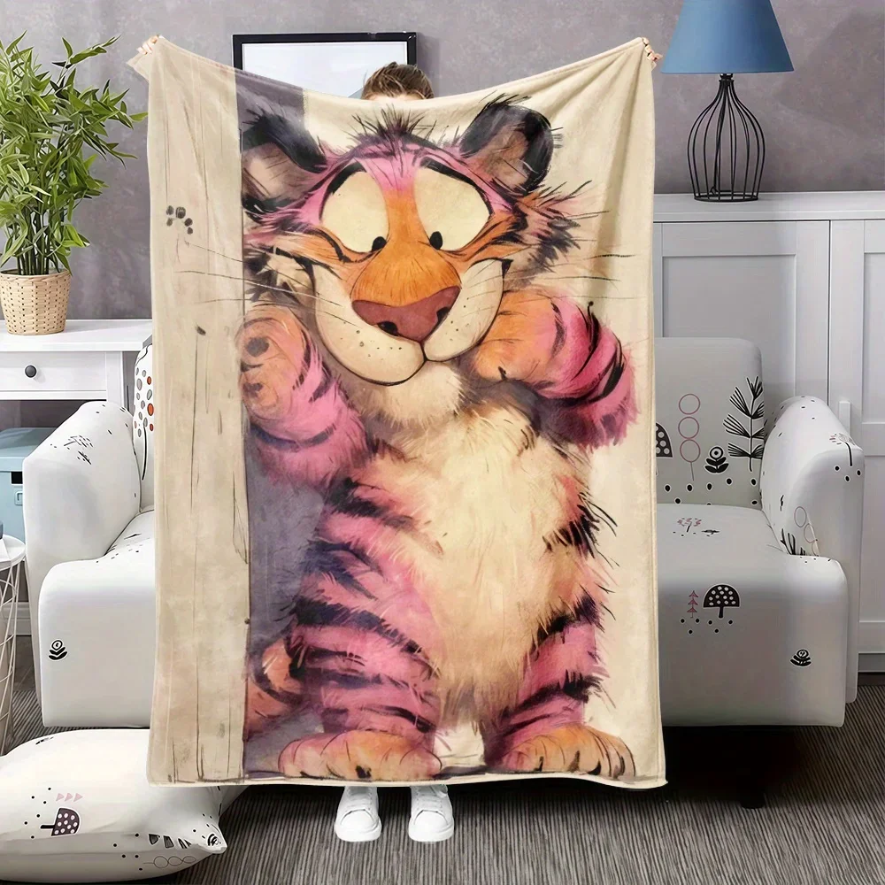pc Tiger Cub Print Flannel Blanket  Soft Warm AllSeason Cozy Throw with Cute Tiger Cub Design Pink  Orange Stripes for Bed