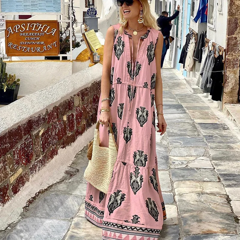 2024 Summer New Bohemian Dress Women Deep V Neck Printed Long Skirt Loose Sleeveless Lace Up Dress Lady Casual Vacation Style