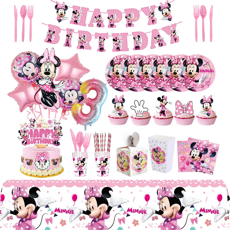 Disney Minnie Mouse Birthday Decoration Minnie Birthday Theme Tableware Tablecloth Backdrop Banner Pink Balloons Kids Favors