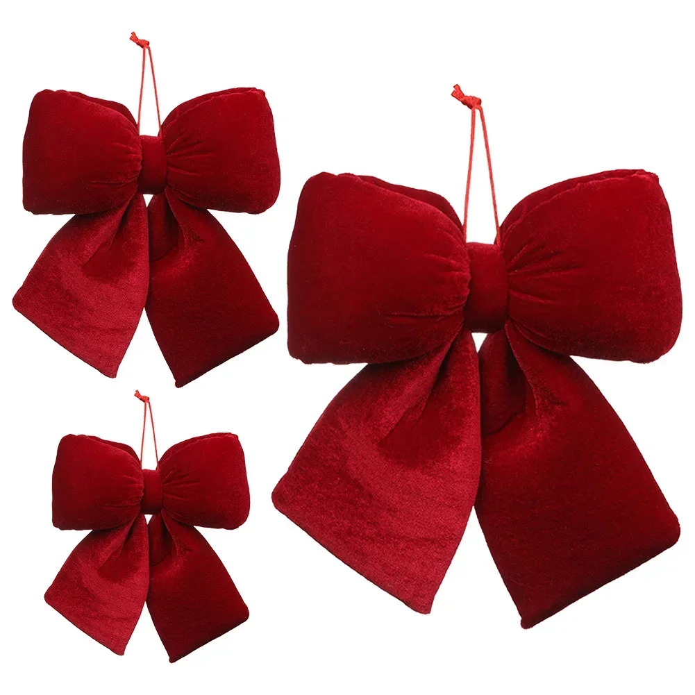 Christmas Bow Decoration Velvet Red Bow Knot Baubles Hanging Ornaments DIY Xmas Trees Pendant For Holiday Home Party Decorations