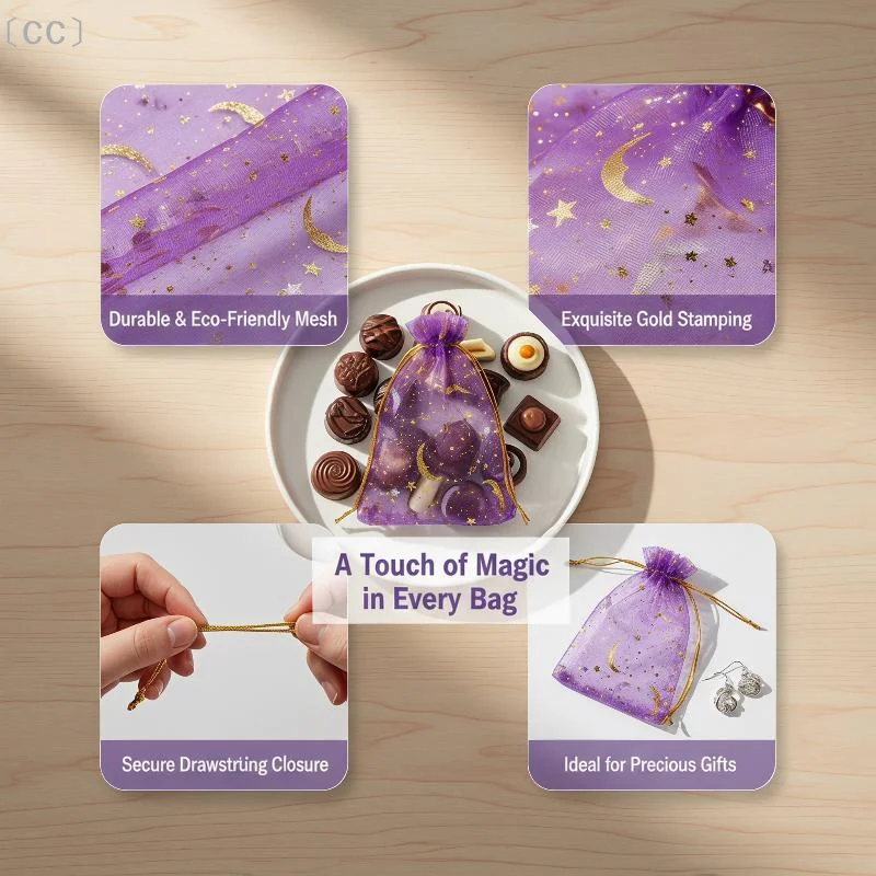 〔CC〕Moon Stars Drawstring Organza Bags Jewelry Gift Bags Pouches Gold Star Organza Favor Pouches For Christmas Wedding〔88〕