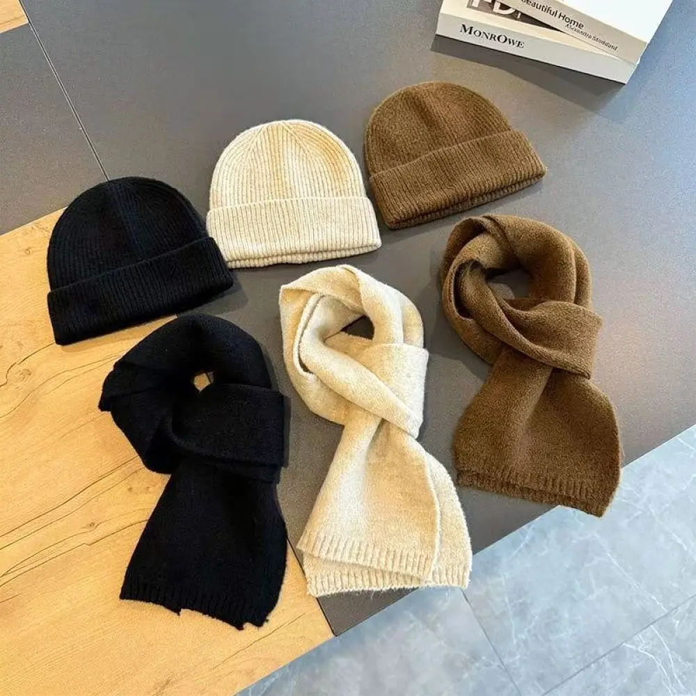 Kids Winter Knit Hat Scarf Set Korean Style Warm Beanie Neck Warmer Letter Embroidery Soft Polyester Baby Caps Accessory