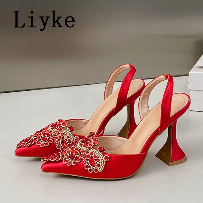 Liyke 2025 baru sepatu hak tinggi aneh hak tinggi kristal berlian imitasi ujung lancip sandal selempang wanita sepatu pesta pernikahan