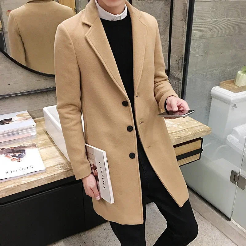 Men Trench Coat 2023 Autumn Winter New Wool Blend Pure Color Casual Business Fashion Slim Windbreaker Jacket Men Clothing