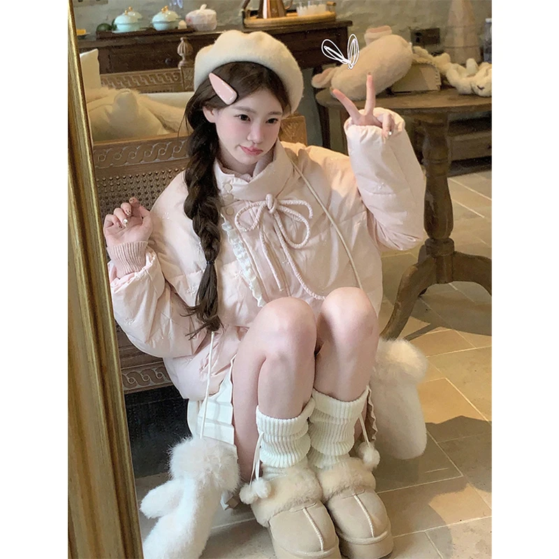 

Розовые короткие парки, женские кавайные пуховики с бантом, модные милые кружевные пуховые пальто, зимняя корейская верхняя одежда с хлопковой подкладкой, новинка